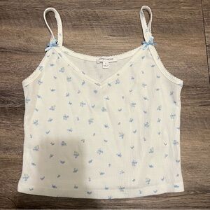 Pink Rose White Camisole with Blue Floral Design. Tank top